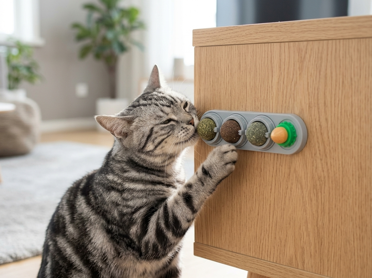 Cat pawing the catnip ball mounted on a cabinet