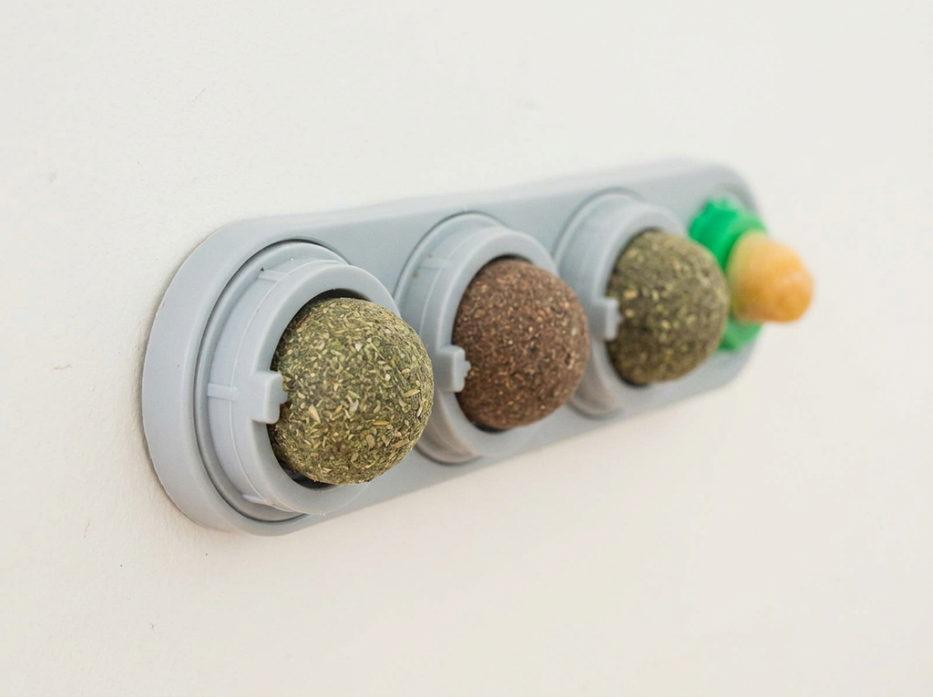 Close-up of the rotating silvervine and catnip balls