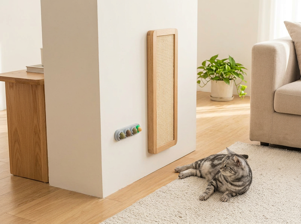 Catnip wall toy mounted beside a scratcher in a modern room