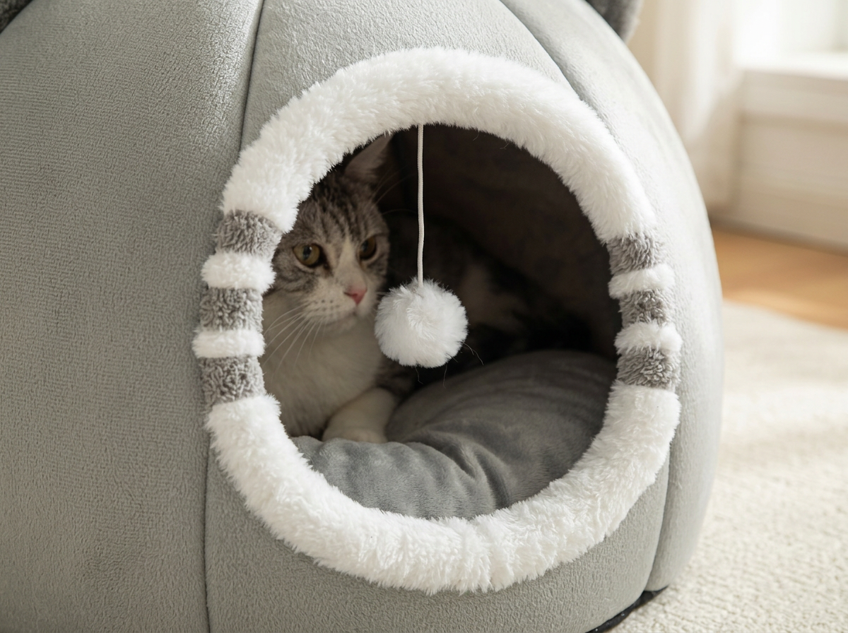 Close-up of the plush padded cave bed and cushion