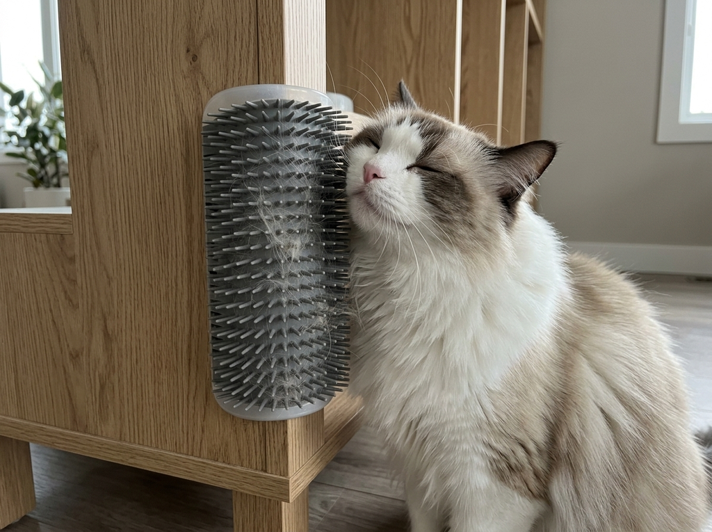 Fluffy cat using the corner groomer on a furniture edge