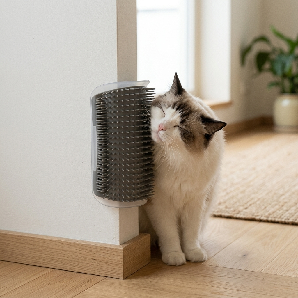 Cat rubbing its face on a wall corner self-groomer brush