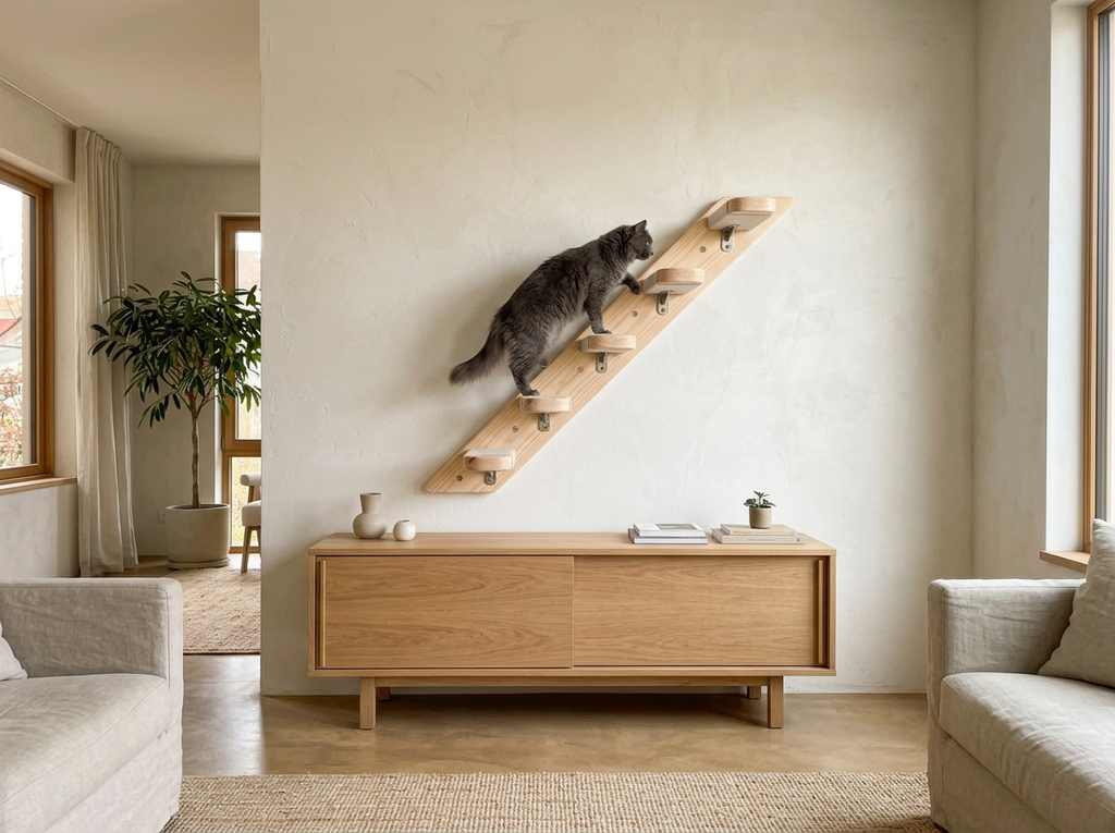 Wooden cat steps climbing a wall above an oak sideboard