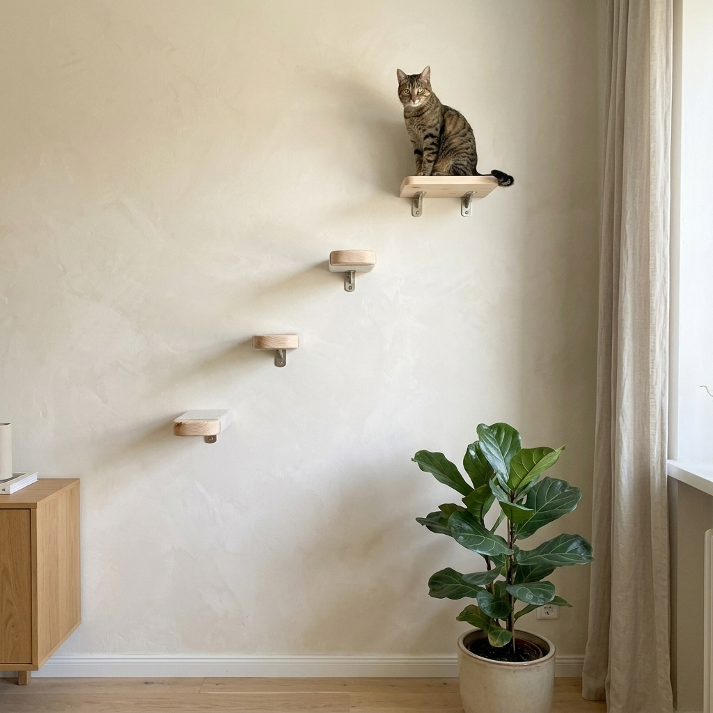 Tabby cat on wooden wall-mounted cat steps in a modern living room