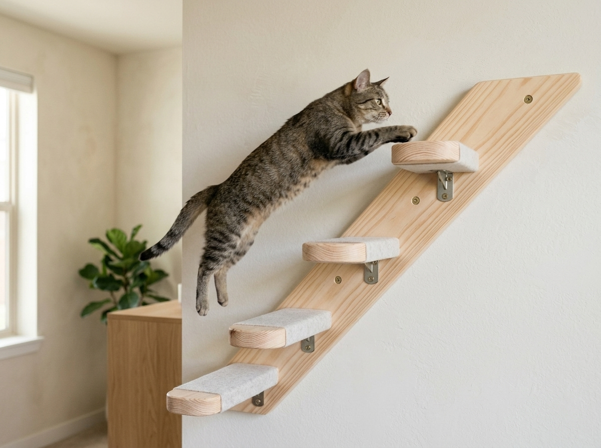 Cat leaping between wooden wall steps