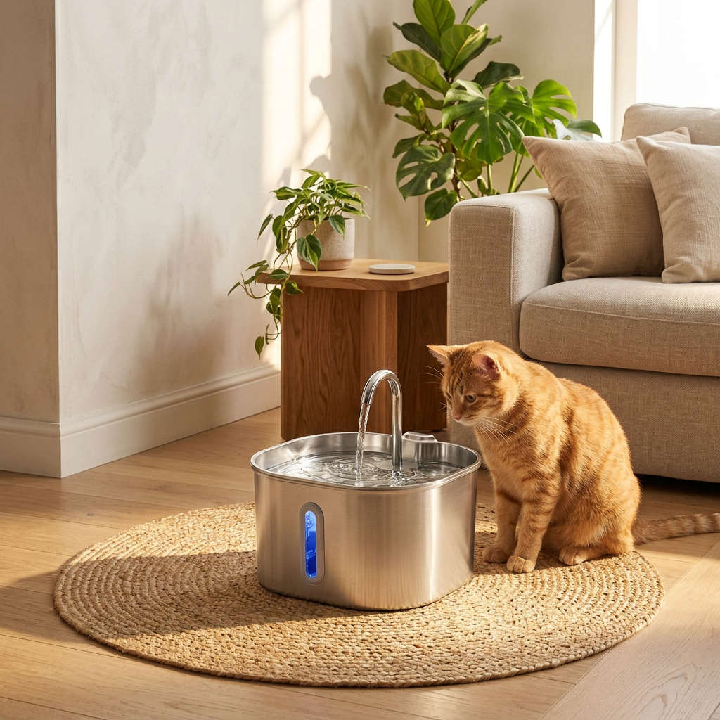 Stainless cat fountain on a jute rug beside a ginger cat
