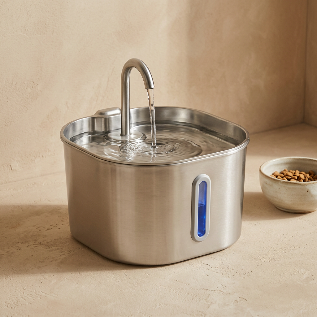 Brushed stainless steel cat fountain