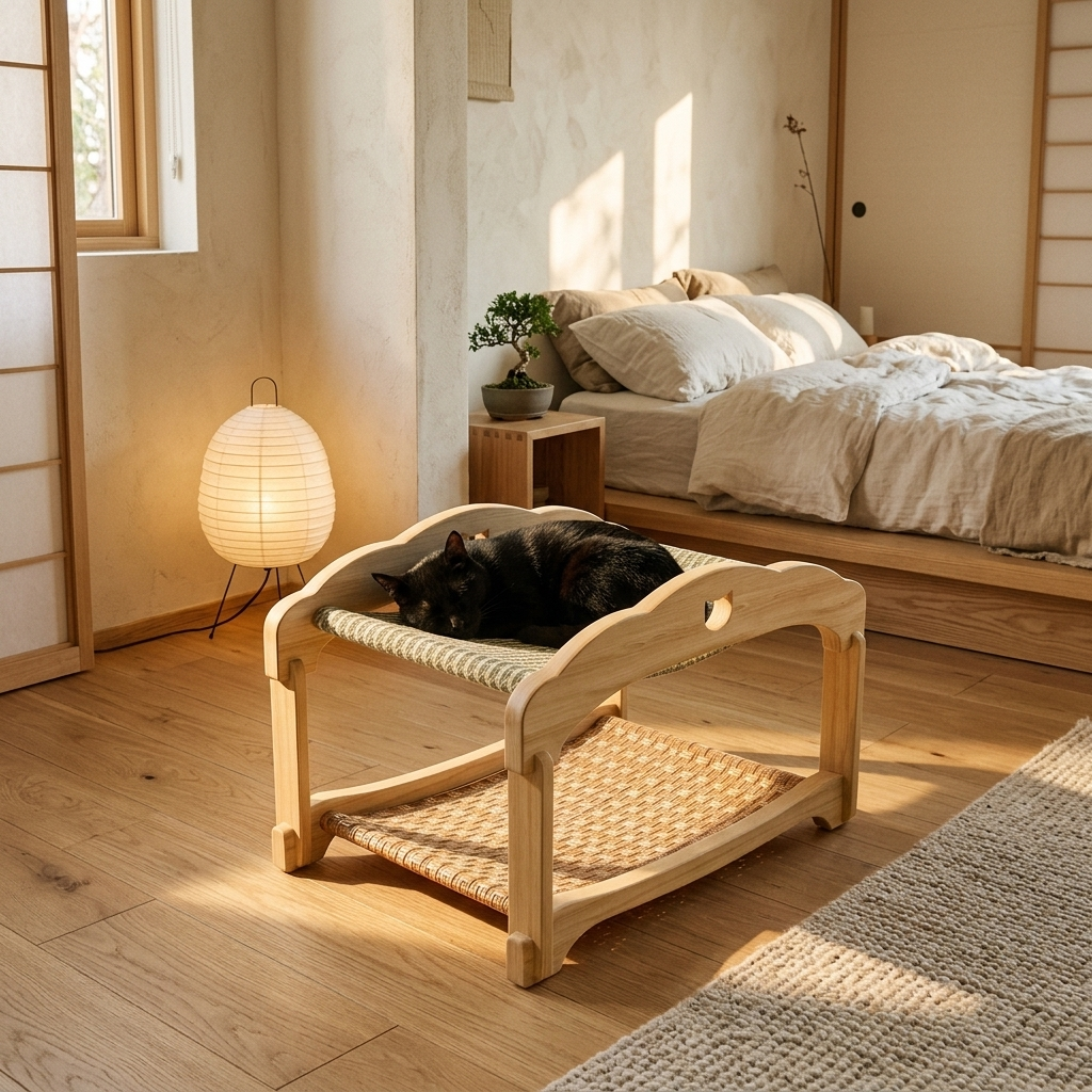 Black cat asleep on the wooden elevated bed in a Japandi bedroom