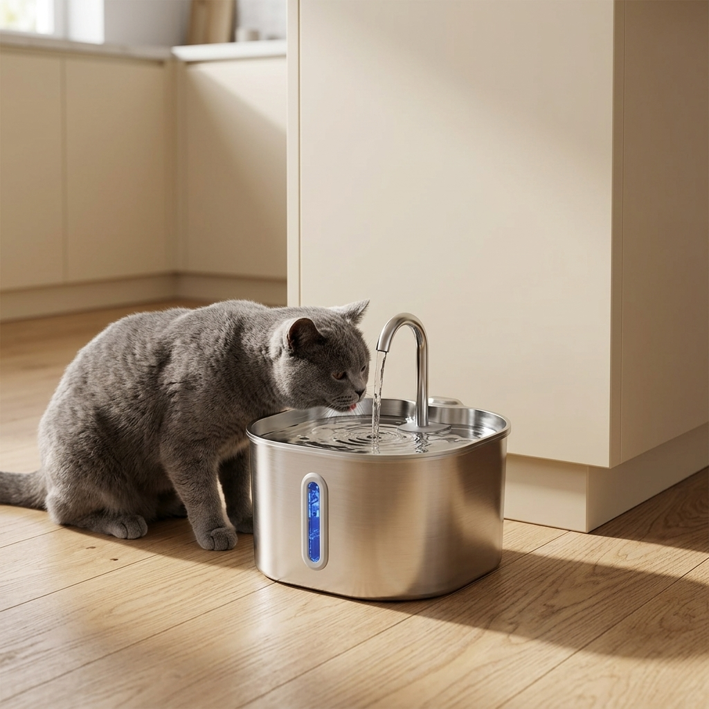 Grey cat drinking from a stainless steel cat water fountain in a modern kitchen