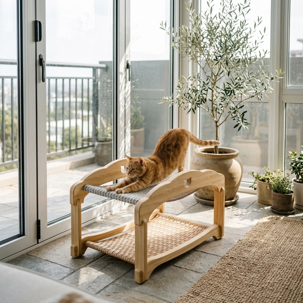 Ginger cat stretching on the elevated cat bed in a sunroom