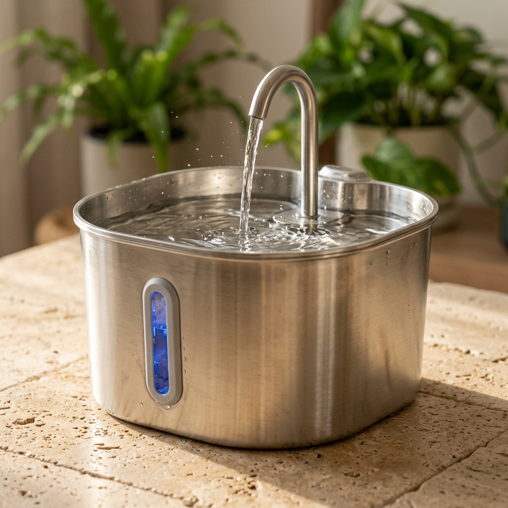 Stainless cat water fountain with flowing water