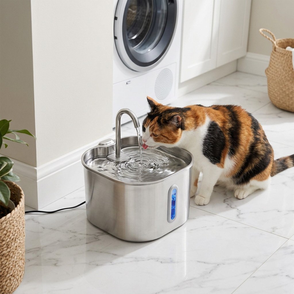 Calico cat drinking from the stainless fountain