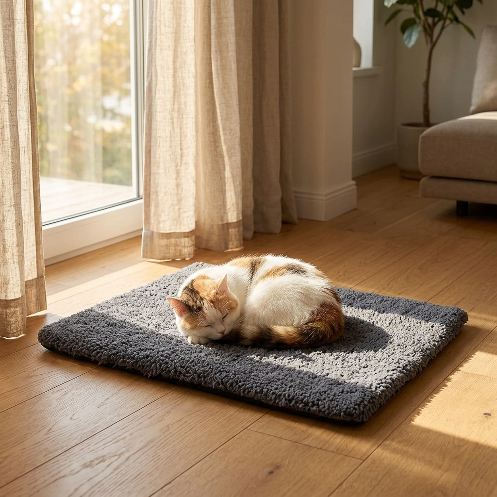 Calico cat asleep on a self-warming cat mat by a sunny window
