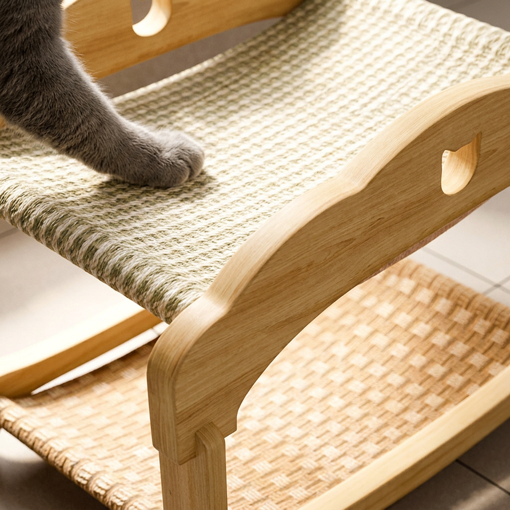 Woven sling and solid wood frame close-up