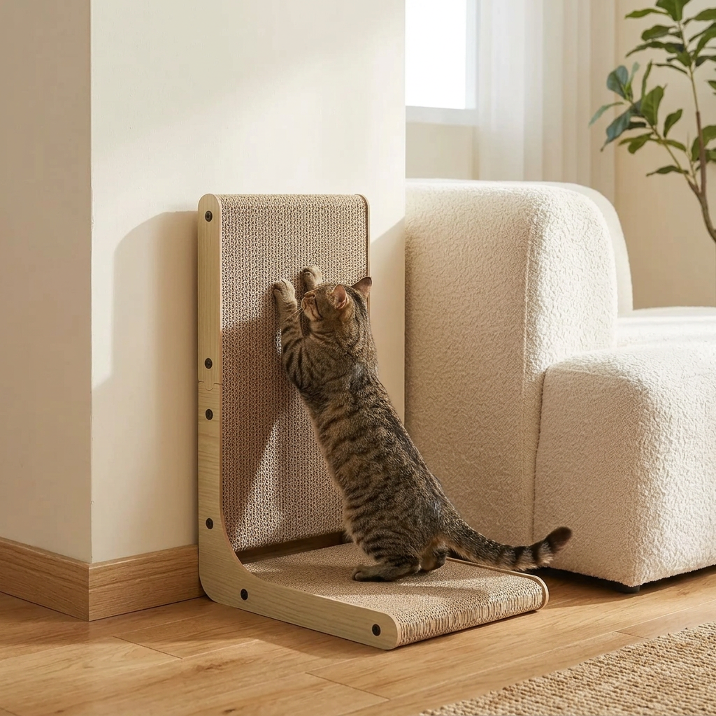 Tabby cat stretching on an L-shaped cardboard cat scratcher