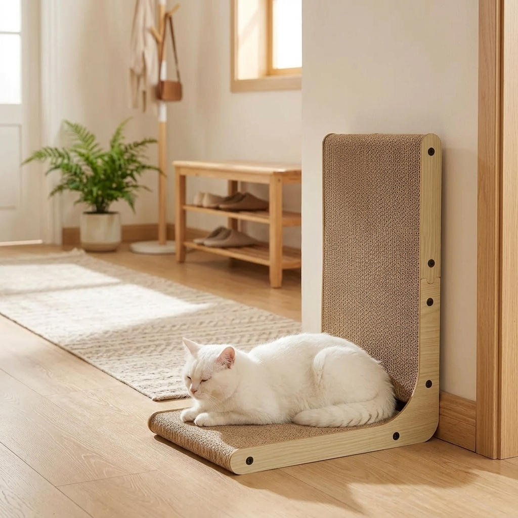 White cat lounging on the scratcher base in a hallway