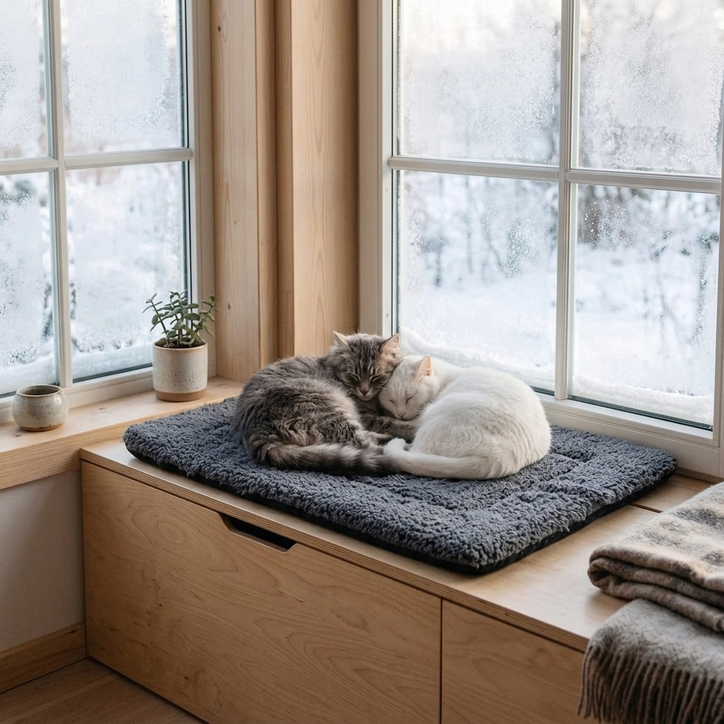 Two cats sharing the warming mat in a window nook
