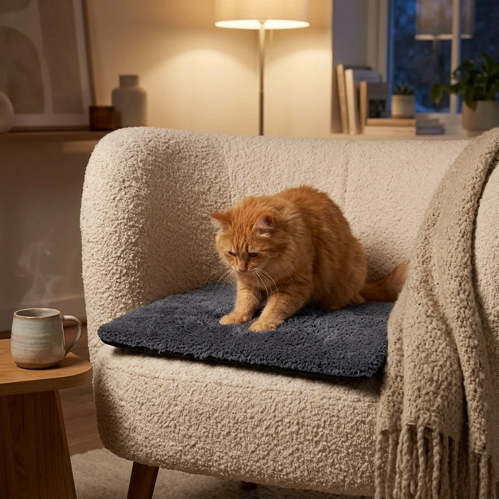 Ginger cat kneading the warming mat on an armchair