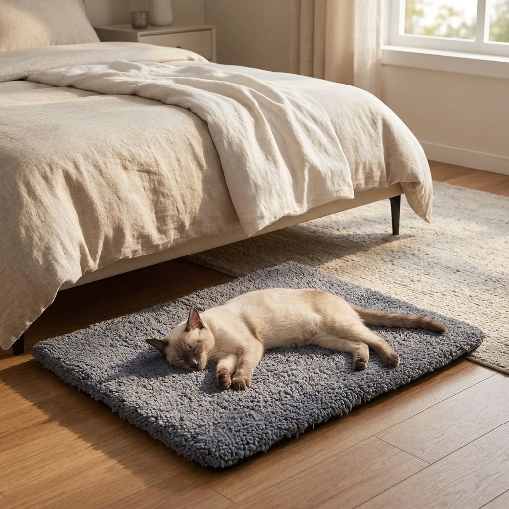 Cat on the warming mat at the foot of a bed
