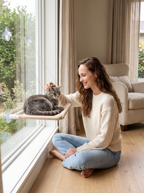 Woman petting a tabby cat on the catscapes window perch