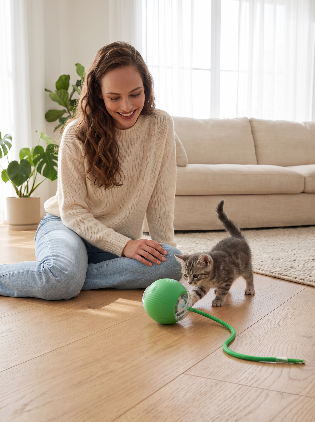 Kitten chasing the automatic rolling cat ball