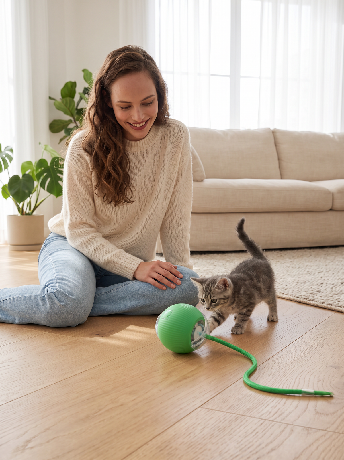 Kitten chasing the automatic rolling cat ball