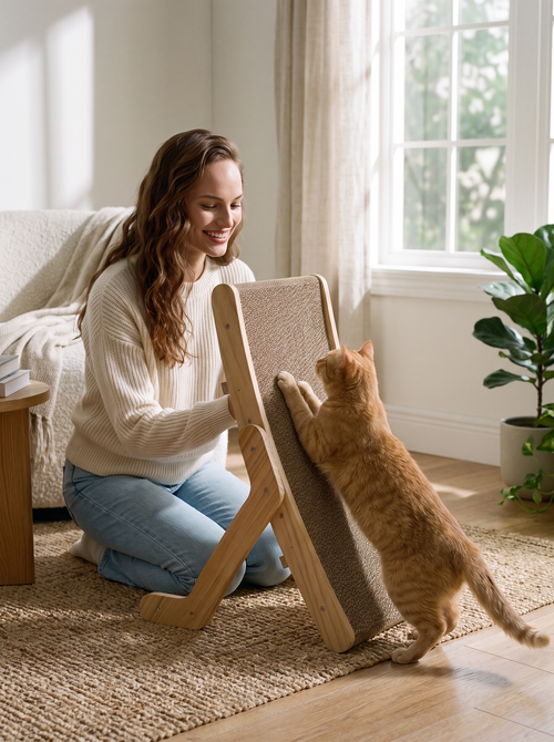 Ginger cat using the wood frame cardboard scratcher beside its owner