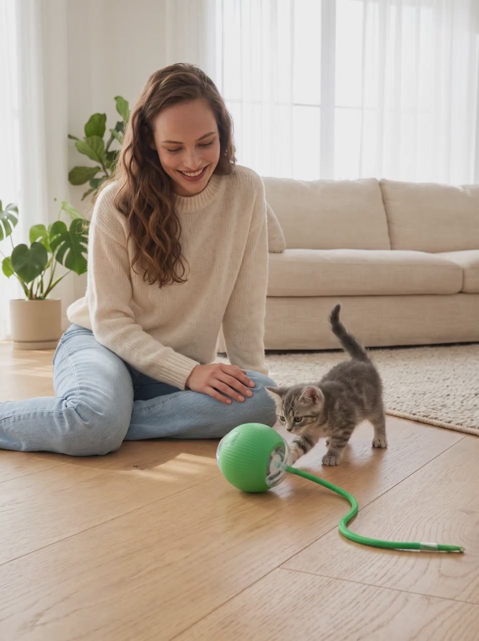 Kitten chasing the automatic rolling ball – video